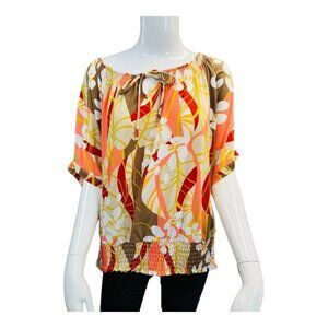 Skyes the Limit Tropical Floral Key Hole Blouse~Size XL~V Neck Tie Spring Top